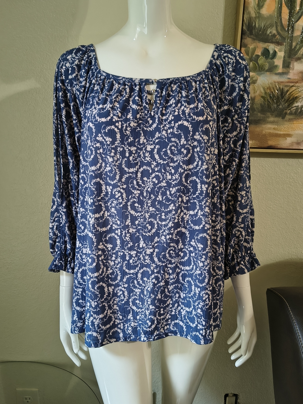 Cato Navy and White Floral Peasant Top
